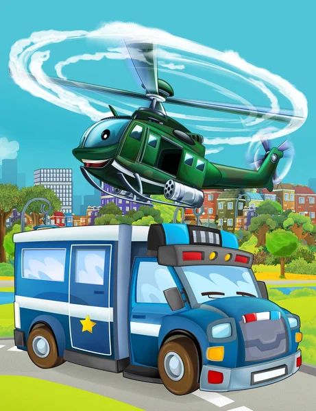 Cartoon-Szene mit Polizeifahrzeug auf der Straße und fliegendem Militärhubschrauber - Illustration — Stockfoto