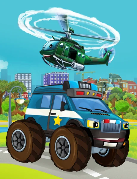 Cartoon scene with police car vehicle on the road and military helicopter flying - illustration — Stock Photo, Image