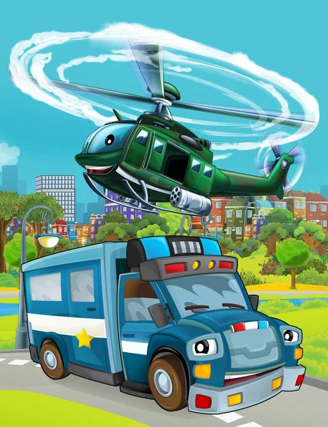 Rajzfilm jelenet rendőrautó jármű az úton, és katonai helikopter repülés - illusztráció — Stock Fotó