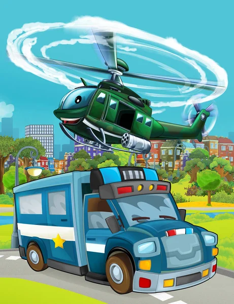 Cartoon-Szene mit Polizeifahrzeug auf der Straße und fliegendem Militärhubschrauber - Illustration — Stockfoto