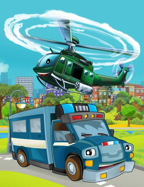 Rajzfilm jelenet rendőrautó jármű az úton, és katonai helikopter repülés - illusztráció — Stock Fotó