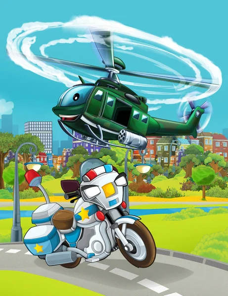 Cartoon scene met politie auto voertuig op de weg en militaire helikopter vliegen - illustratie — Stockfoto