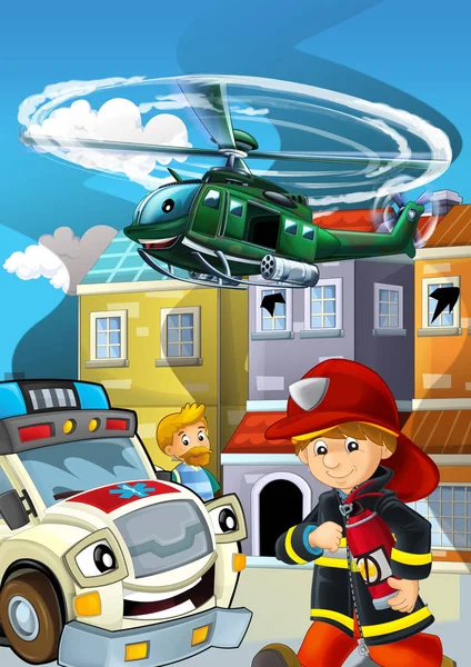 Escena de dibujos animados con vehículo de coche de policía en la carretera y helicóptero militar volando - ilustración — Foto de Stock