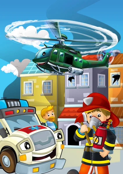 Cena dos desenhos animados com veículo de carro da polícia na estrada e helicóptero militar voando - ilustração — Fotografia de Stock
