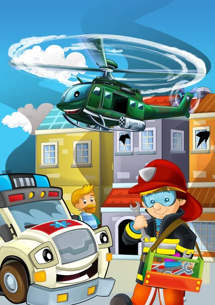 Cena dos desenhos animados com veículo de carro da polícia na estrada e helicóptero militar voando - ilustração — Fotografia de Stock