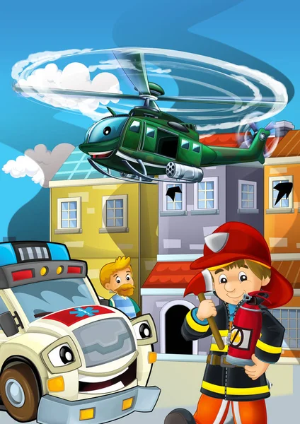 Escena de dibujos animados con vehículo de coche de policía en la carretera y helicóptero militar volando - ilustración — Foto de Stock