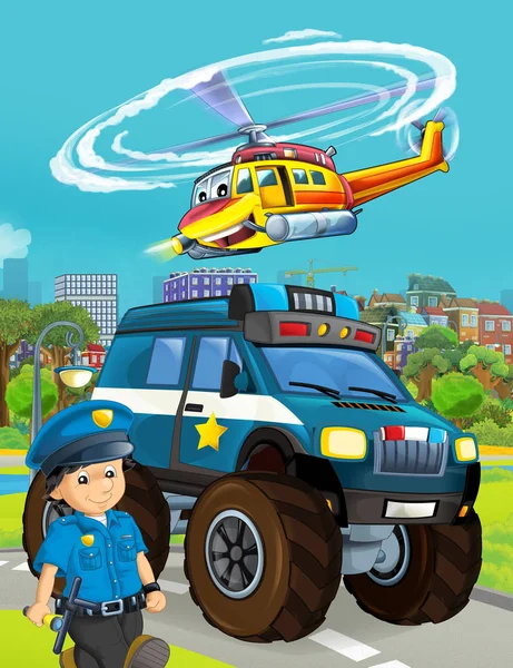 Cartoon scene met politie auto voertuig op de weg met vliegen hij — Stockfoto