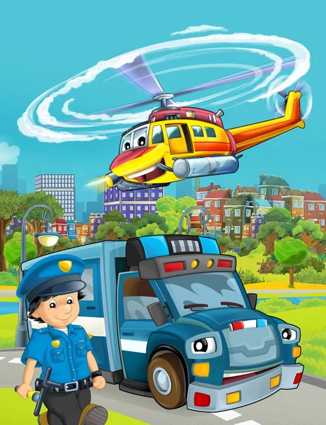 Cena dos desenhos animados com veículo de carro da polícia na estrada com voo ele — Fotografia de Stock