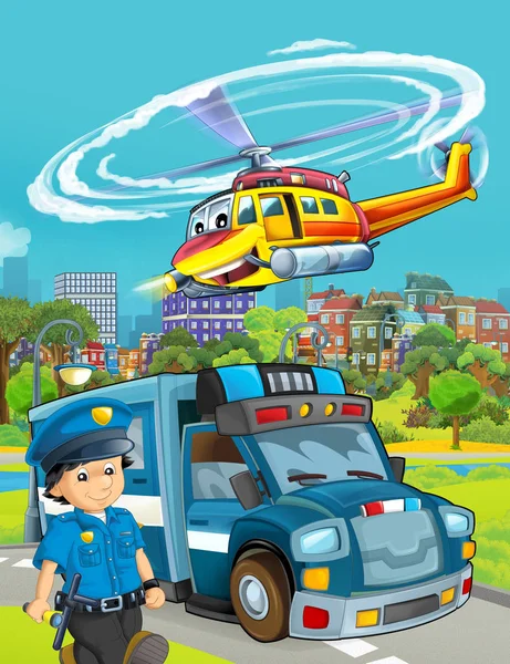 空を飛ぶ警察の車と漫画のシーン — ストック写真