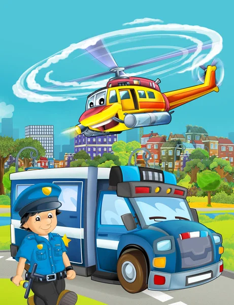 Kreslená scéna s policejním autem vozidlo na silnici s létáním — Stock fotografie