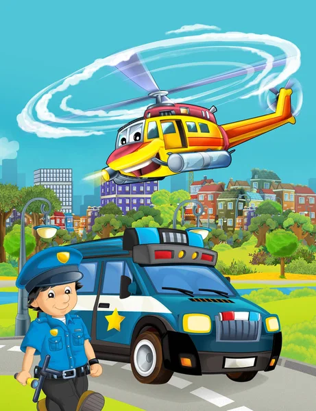 Cartoon scene met politie auto voertuig op de weg met vliegen hij — Stockfoto