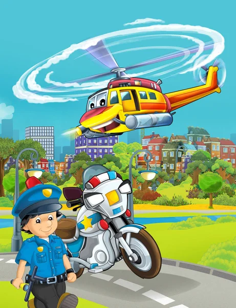 रस्त्यावर पोलिस कार वाहनासह कार्टून दृश्य उड्डाण करणारे हवाई परिवहन — स्टॉक फोटो, इमेज