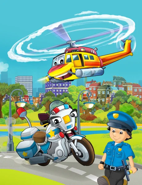 cartoon scene with police car vehicle on the road with flying he