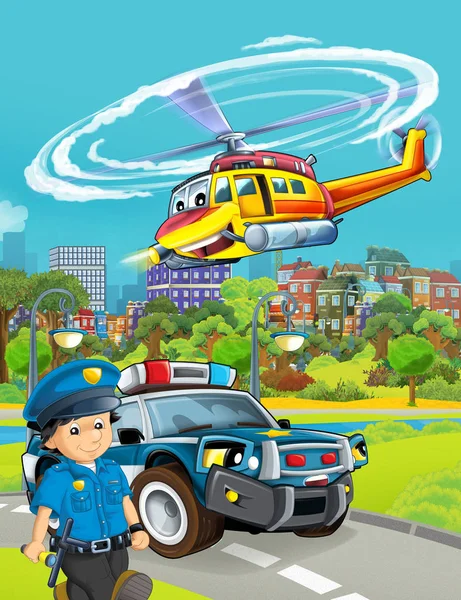 Escena de dibujos animados con vehículo de coche de policía en la carretera con vuelo él — Foto de Stock