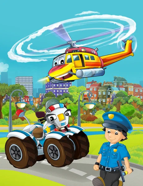 空を飛ぶ警察の車と漫画のシーン — ストック写真
