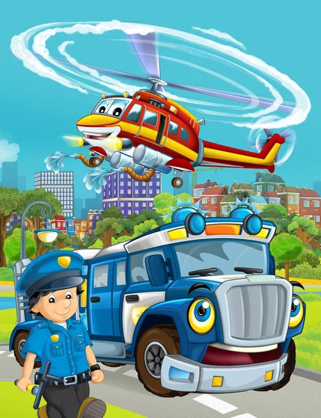 cartoon scene with police car vehicle on the road and fireman he