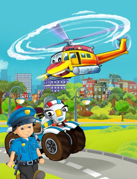 Escena de dibujos animados con vehículo de coche de policía en la carretera con vuelo él — Foto de Stock