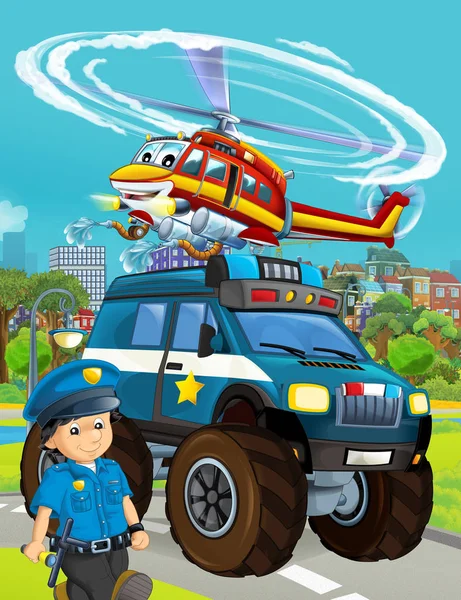 Cartoon scene met politie auto voertuig op de weg en brandweerman hij — Stockfoto