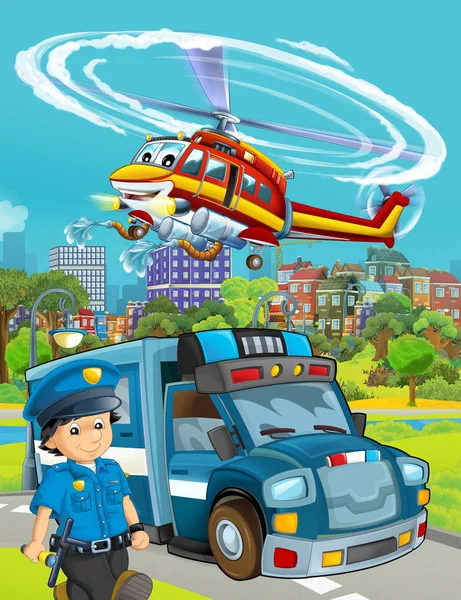 Cartoon scene met politie auto voertuig op de weg en brandweerman hij — Stockfoto