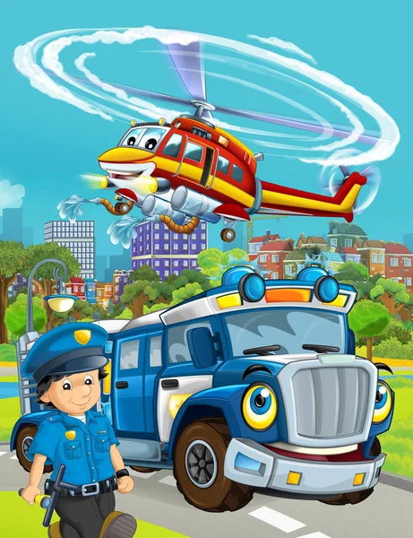 Escena de dibujos animados con vehículo de coche de policía en la carretera y bombero él — Foto de Stock