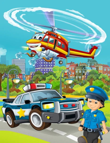 Σκηνή κινουμένων σχεδίων με αυτοκίνητο της αστυνομίας στο δρόμο και πυροσβέστης ο ίδιος — Φωτογραφία Αρχείου