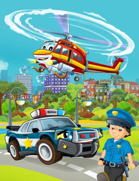 Cena dos desenhos animados com veículo de carro da polícia na estrada e bombeiro ele — Fotografia de Stock
