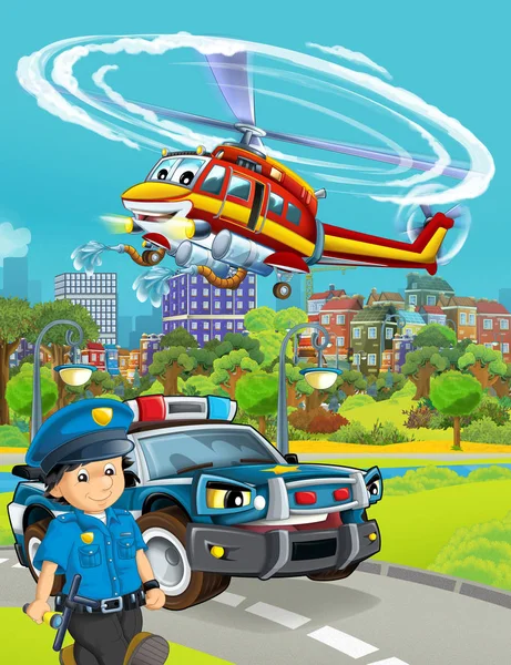 Мультфильм место с полицейской машиной автомобиль на дороге и пожарный он — стоковое фото