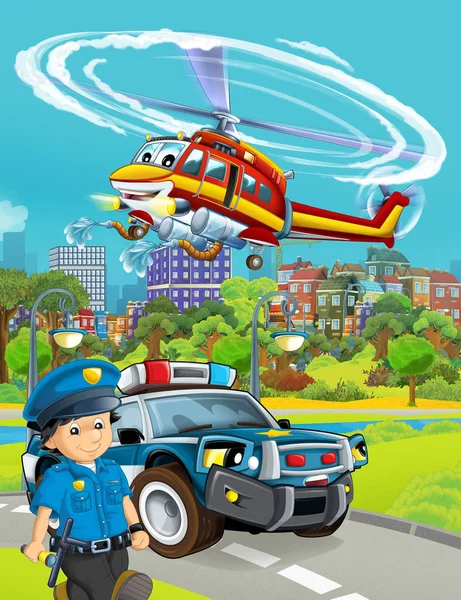 Cartoon scene met politie auto voertuig op de weg en brandweerman hij — Stockfoto