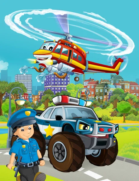 Cartoon scene met politie auto voertuig op de weg en brandweerman hij — Stockfoto