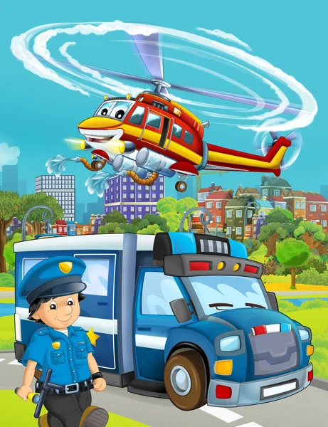 Escena de dibujos animados con vehículo de coche de policía en la carretera y bombero él — Foto de Stock