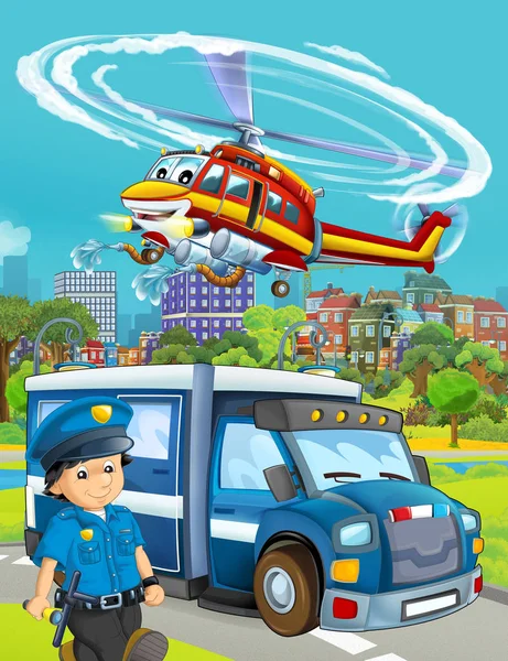 Karikatura scéna s policejním autem vozidlo na silnici a hasič — Stock fotografie