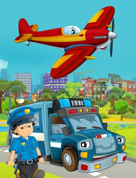 Scena kreskówek z radiowozem na drodze i strażakiem pl — Zdjęcie stockowe
