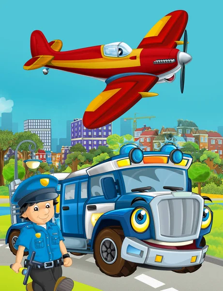 Cartoon scene with police car vehicle on the road and fireman pl — Stock Photo, Image