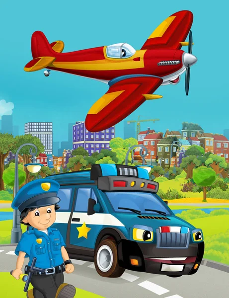 Kreslená scéna s policejním automobilem na silnici a hasič pl — Stock fotografie