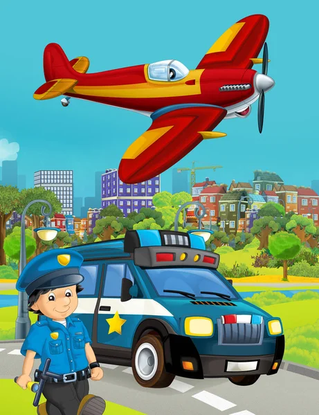 Cena dos desenhos animados com veículo de carro da polícia na estrada e bombeiro pl — Fotografia de Stock