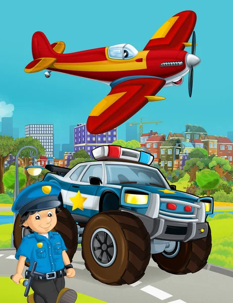 Σκηνή κινουμένων σχεδίων με αυτοκίνητο της αστυνομίας όχημα στο δρόμο και πυροσβέστης pl — Φωτογραφία Αρχείου
