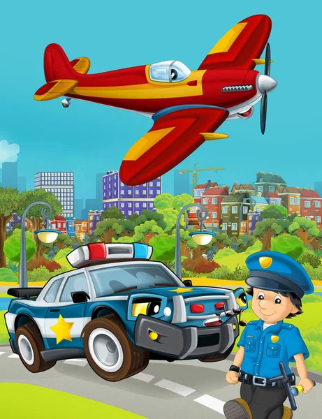 Escena de dibujos animados con vehículo de coche de policía en la carretera y bombero pl — Foto de Stock