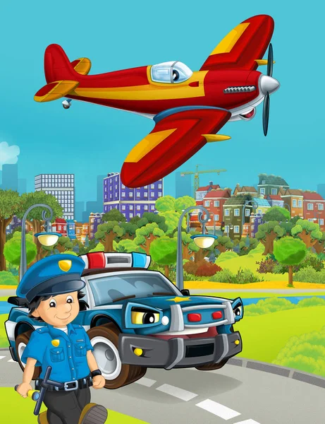 Cena dos desenhos animados com veículo de carro da polícia na estrada e bombeiro pl — Fotografia de Stock