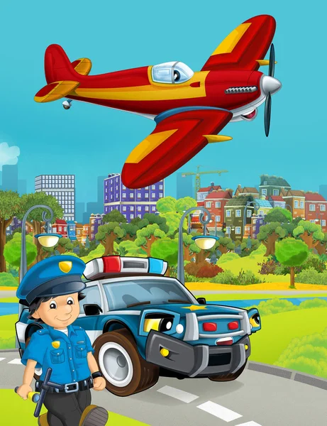 Escena de dibujos animados con vehículo de coche de policía en la carretera y bombero pl — Foto de Stock