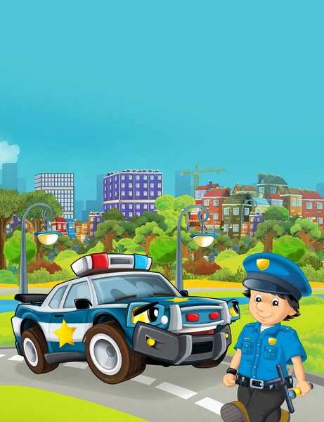 Çizgi film sahnesinde polis arabası yolda - illüstrasyon — Stok fotoğraf