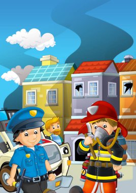 İtfaiyecilerin dumanla savaştığı bir çizgi film sahnesi.