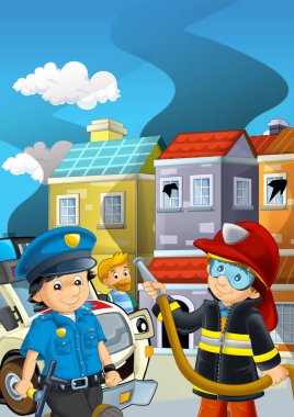 İtfaiyecilerin dumanla savaştığı bir çizgi film sahnesi.