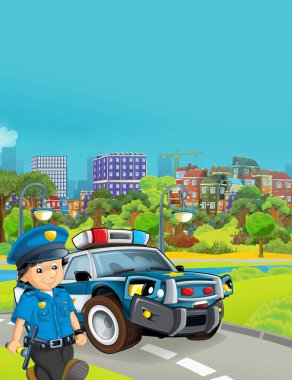 Çizgi film sahnesinde polis arabası yolda - illüstrasyon