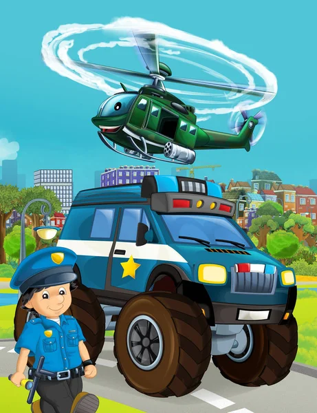 Мультфильм место с полицейским автомобилем автомобиль на дороге и военных ч — стоковое фото