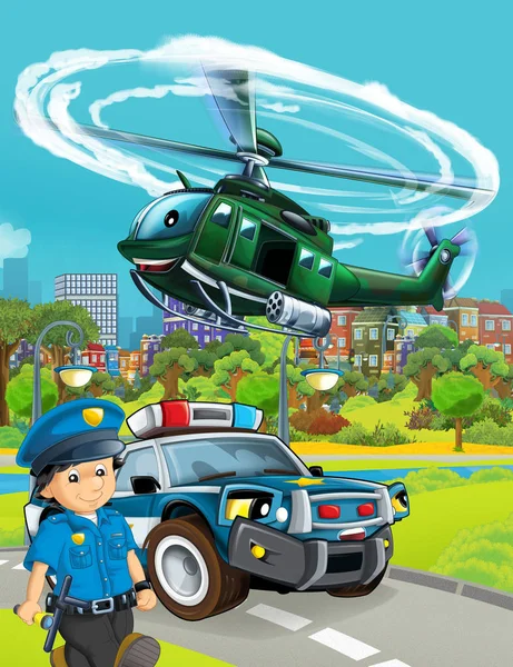 Cartoon scene met politie auto voertuig op de weg en militaire h — Stockfoto