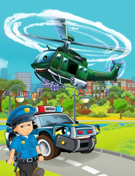 Σκηνή κινουμένων σχεδίων με αυτοκίνητο της αστυνομίας όχημα στο δρόμο και στρατιωτική h — Φωτογραφία Αρχείου
