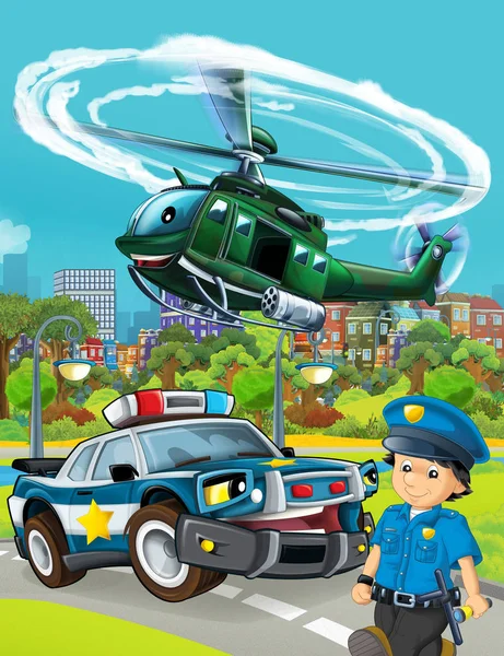 Cartoon scene met politie auto voertuig op de weg en militaire h — Stockfoto