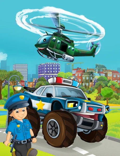 Escena de dibujos animados con vehículo de coche de policía en la carretera y militar h — Foto de Stock