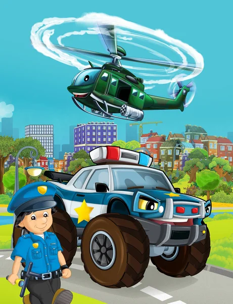 Cartoon scene with police car vehicle on the road and military h — Stock Photo, Image