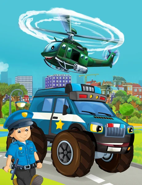 Cartoon scene with police car vehicle on the road and military h — Stock Photo, Image